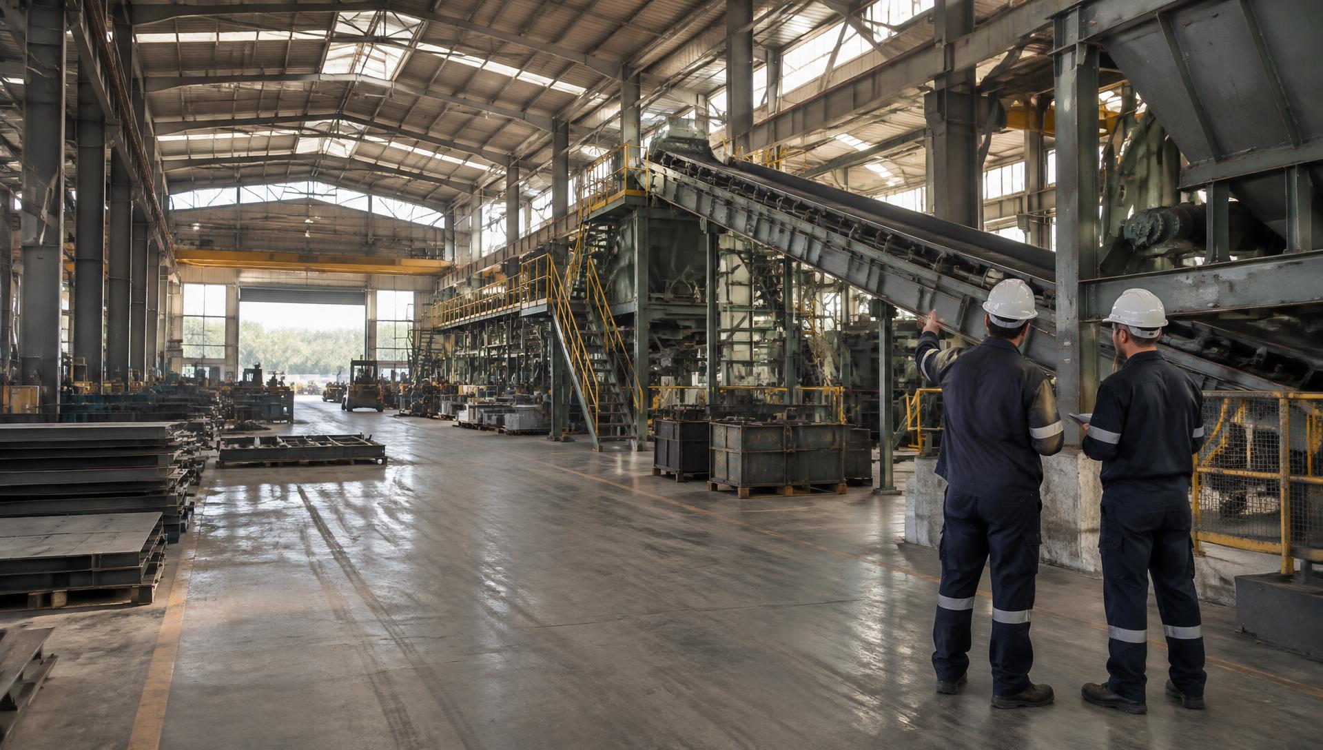 Representação ilustrativa de engenheiros inspecionando uma instalação industrial